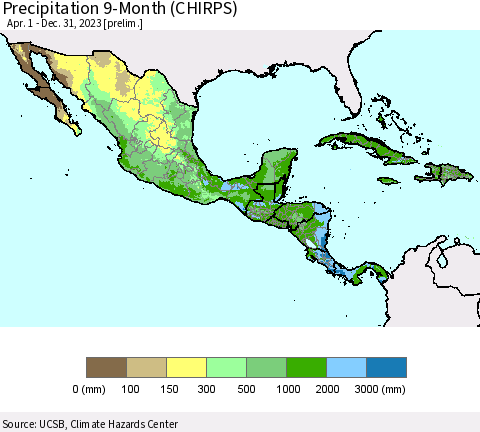 Mexico Central America and the Caribbean Precipitation 9-Month (CHIRPS) Thematic Map For 4/1/2023 - 12/31/2023