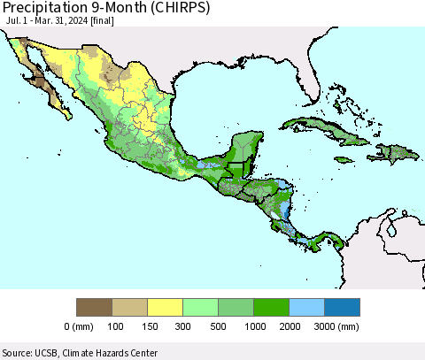 Mexico Central America and the Caribbean Precipitation 9-Month (CHIRPS) Thematic Map For 7/1/2023 - 3/31/2024