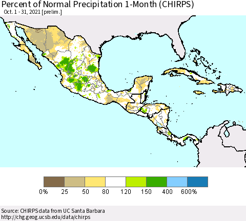 Mexico Central America and the Caribbean Percent of Normal Precipitation 1-Month (CHIRPS) Thematic Map For 10/1/2021 - 10/31/2021