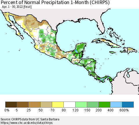 Mexico Central America and the Caribbean Percent of Normal Precipitation 1-Month (CHIRPS) Thematic Map For 4/1/2022 - 4/30/2022