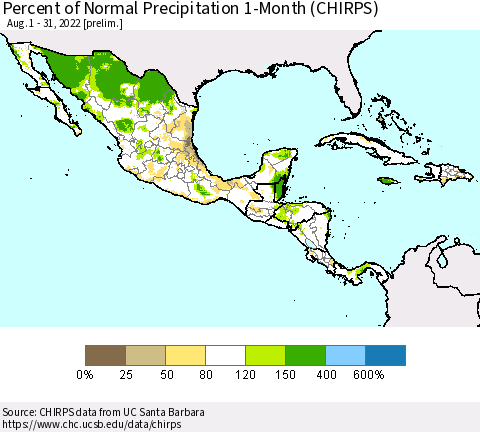 Mexico Central America and the Caribbean Percent of Normal Precipitation 1-Month (CHIRPS) Thematic Map For 8/1/2022 - 8/31/2022