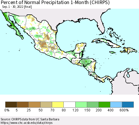 Mexico Central America and the Caribbean Percent of Normal Precipitation 1-Month (CHIRPS) Thematic Map For 9/1/2022 - 9/30/2022