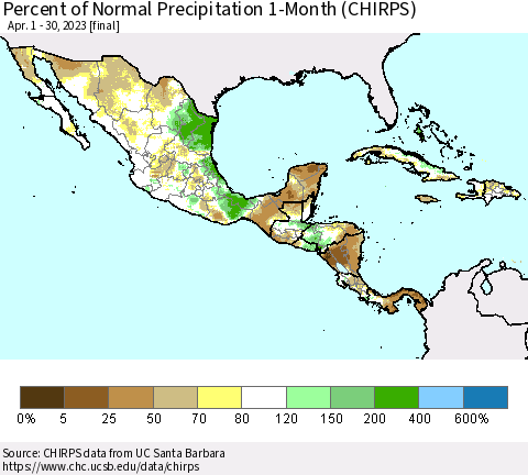 Mexico Central America and the Caribbean Percent of Normal Precipitation 1-Month (CHIRPS) Thematic Map For 4/1/2023 - 4/30/2023
