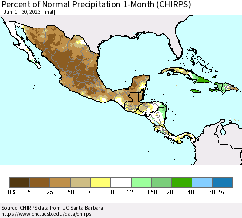 Mexico Central America and the Caribbean Percent of Normal Precipitation 1-Month (CHIRPS) Thematic Map For 6/1/2023 - 6/30/2023
