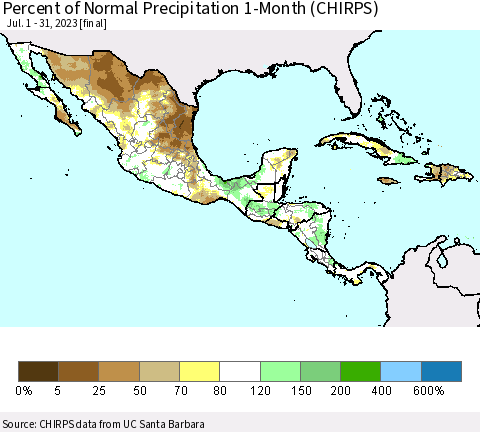 Mexico Central America and the Caribbean Percent of Normal Precipitation 1-Month (CHIRPS) Thematic Map For 7/1/2023 - 7/31/2023
