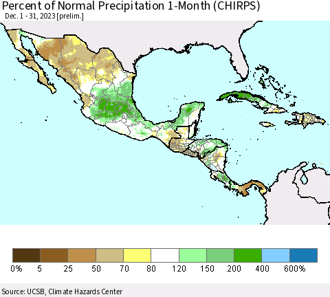 Mexico Central America and the Caribbean Percent of Normal Precipitation 1-Month (CHIRPS) Thematic Map For 12/1/2023 - 12/31/2023