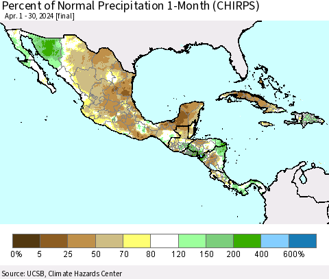 Mexico Central America and the Caribbean Percent of Normal Precipitation 1-Month (CHIRPS) Thematic Map For 4/1/2024 - 4/30/2024