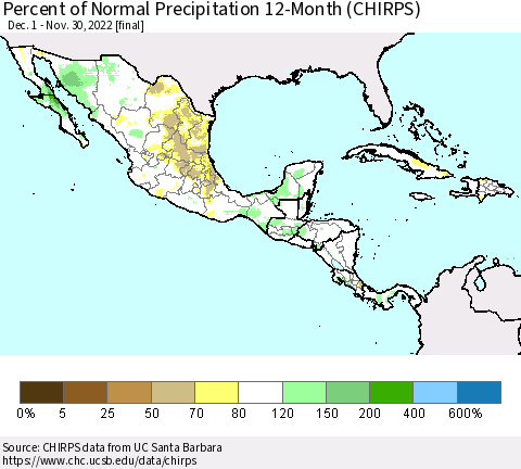 Mexico Central America and the Caribbean Percent of Normal Precipitation 12-Month (CHIRPS) Thematic Map For 12/1/2021 - 11/30/2022