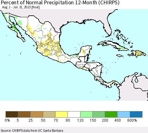 Mexico Central America and the Caribbean Percent of Normal Precipitation 12-Month (CHIRPS) Thematic Map For 8/1/2022 - 7/31/2023