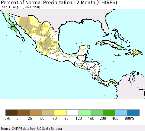 Mexico Central America and the Caribbean Percent of Normal Precipitation 12-Month (CHIRPS) Thematic Map For 9/1/2022 - 8/31/2023