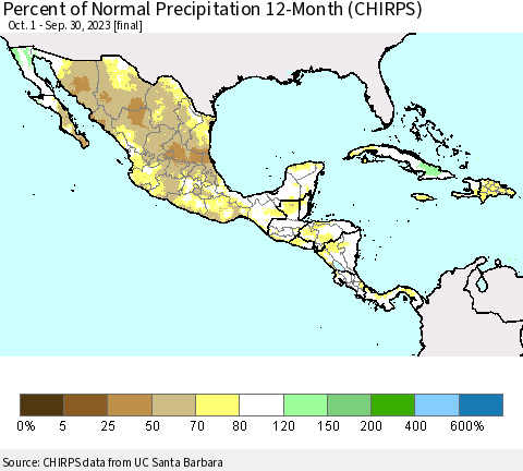 Mexico Central America and the Caribbean Percent of Normal Precipitation 12-Month (CHIRPS) Thematic Map For 10/1/2022 - 9/30/2023