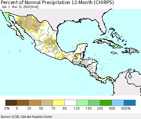 Mexico Central America and the Caribbean Percent of Normal Precipitation 12-Month (CHIRPS) Thematic Map For 4/1/2023 - 3/31/2024