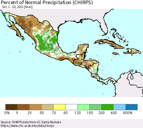 Mexico Central America and the Caribbean Percent of Normal Precipitation (CHIRPS) Thematic Map For 10/1/2021 - 10/10/2021
