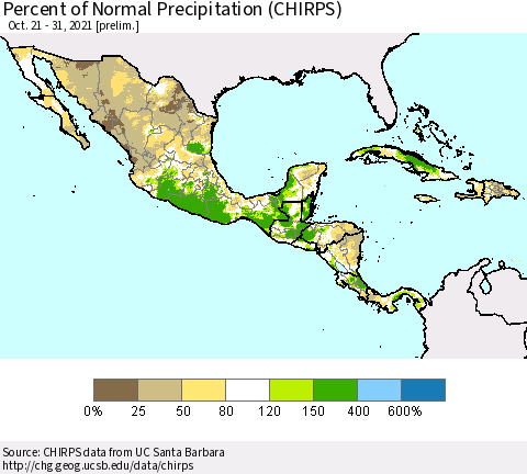 Mexico Central America and the Caribbean Percent of Normal Precipitation (CHIRPS) Thematic Map For 10/21/2021 - 10/31/2021