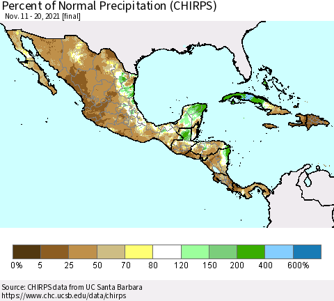 Mexico Central America and the Caribbean Percent of Normal Precipitation (CHIRPS) Thematic Map For 11/11/2021 - 11/20/2021