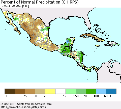 Mexico Central America and the Caribbean Percent of Normal Precipitation (CHIRPS) Thematic Map For 12/11/2021 - 12/20/2021