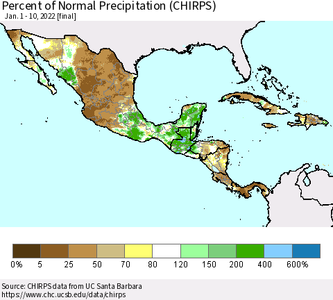 Mexico Central America and the Caribbean Percent of Normal Precipitation (CHIRPS) Thematic Map For 1/1/2022 - 1/10/2022