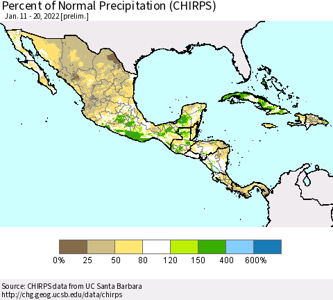 Mexico Central America and the Caribbean Percent of Normal Precipitation (CHIRPS) Thematic Map For 1/11/2022 - 1/20/2022