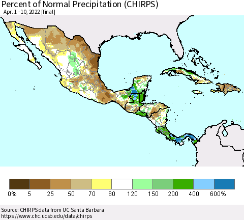 Mexico Central America and the Caribbean Percent of Normal Precipitation (CHIRPS) Thematic Map For 4/1/2022 - 4/10/2022