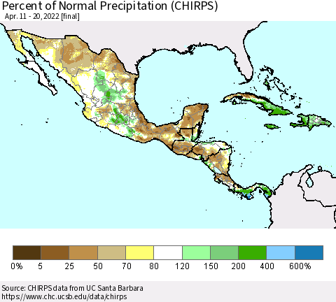 Mexico Central America and the Caribbean Percent of Normal Precipitation (CHIRPS) Thematic Map For 4/11/2022 - 4/20/2022