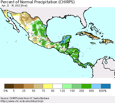Mexico Central America and the Caribbean Percent of Normal Precipitation (CHIRPS) Thematic Map For 4/21/2022 - 4/30/2022