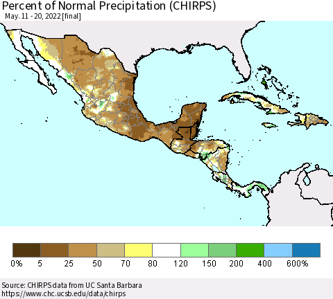 Mexico Central America and the Caribbean Percent of Normal Precipitation (CHIRPS) Thematic Map For 5/11/2022 - 5/20/2022