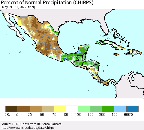 Mexico Central America and the Caribbean Percent of Normal Precipitation (CHIRPS) Thematic Map For 5/21/2022 - 5/31/2022
