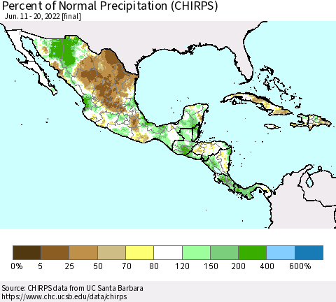 Mexico Central America and the Caribbean Percent of Normal Precipitation (CHIRPS) Thematic Map For 6/11/2022 - 6/20/2022