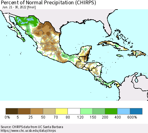 Mexico Central America and the Caribbean Percent of Normal Precipitation (CHIRPS) Thematic Map For 6/21/2022 - 6/30/2022