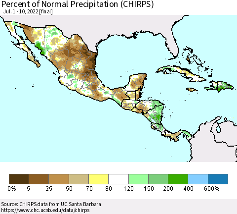 Mexico Central America and the Caribbean Percent of Normal Precipitation (CHIRPS) Thematic Map For 7/1/2022 - 7/10/2022