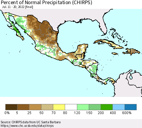Mexico Central America and the Caribbean Percent of Normal Precipitation (CHIRPS) Thematic Map For 7/11/2022 - 7/20/2022