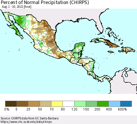 Mexico Central America and the Caribbean Percent of Normal Precipitation (CHIRPS) Thematic Map For 8/1/2022 - 8/10/2022