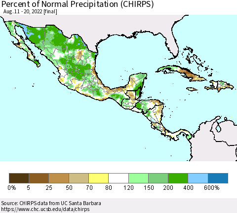 Mexico Central America and the Caribbean Percent of Normal Precipitation (CHIRPS) Thematic Map For 8/11/2022 - 8/20/2022