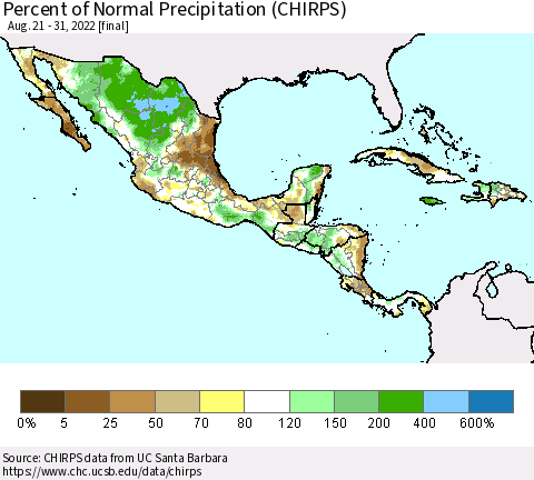 Mexico Central America and the Caribbean Percent of Normal Precipitation (CHIRPS) Thematic Map For 8/21/2022 - 8/31/2022