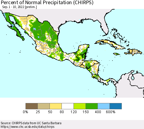 Mexico Central America and the Caribbean Percent of Normal Precipitation (CHIRPS) Thematic Map For 9/1/2022 - 9/10/2022
