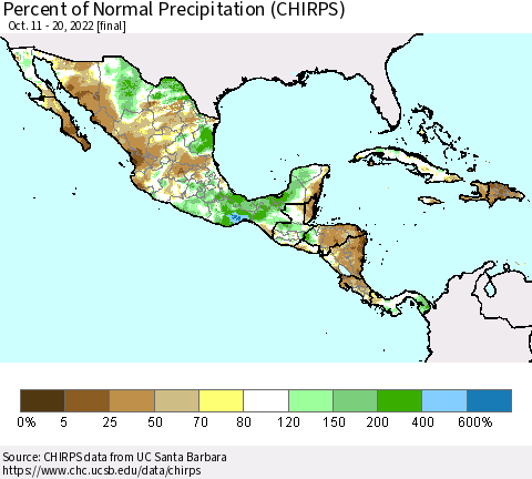 Mexico Central America and the Caribbean Percent of Normal Precipitation (CHIRPS) Thematic Map For 10/11/2022 - 10/20/2022