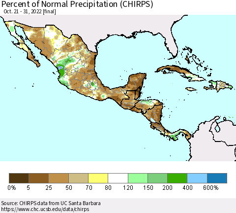 Mexico Central America and the Caribbean Percent of Normal Precipitation (CHIRPS) Thematic Map For 10/21/2022 - 10/31/2022