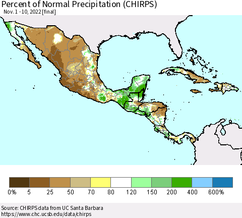 Mexico Central America and the Caribbean Percent of Normal Precipitation (CHIRPS) Thematic Map For 11/1/2022 - 11/10/2022
