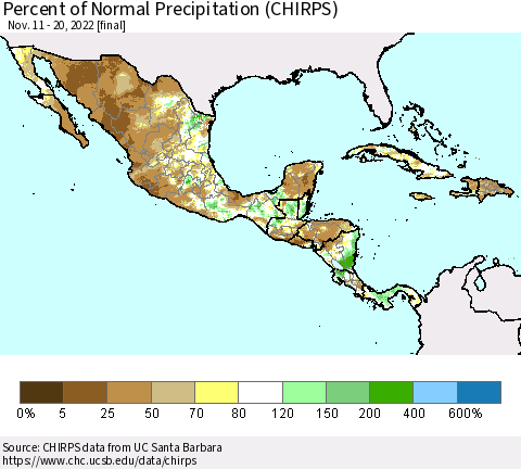 Mexico Central America and the Caribbean Percent of Normal Precipitation (CHIRPS) Thematic Map For 11/11/2022 - 11/20/2022