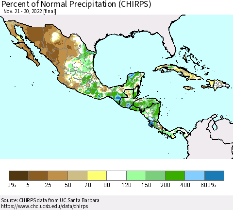 Mexico Central America and the Caribbean Percent of Normal Precipitation (CHIRPS) Thematic Map For 11/21/2022 - 11/30/2022