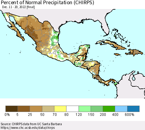 Mexico Central America and the Caribbean Percent of Normal Precipitation (CHIRPS) Thematic Map For 12/11/2022 - 12/20/2022