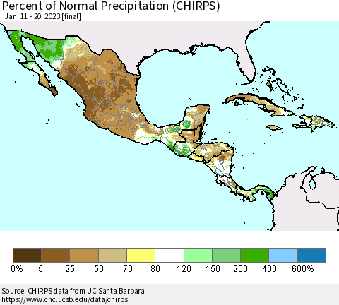 Mexico Central America and the Caribbean Percent of Normal Precipitation (CHIRPS) Thematic Map For 1/11/2023 - 1/20/2023