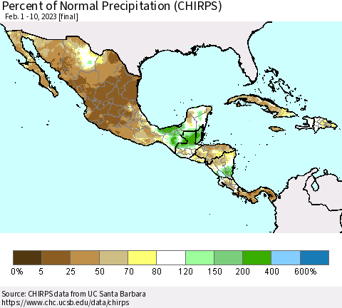 Mexico Central America and the Caribbean Percent of Normal Precipitation (CHIRPS) Thematic Map For 2/1/2023 - 2/10/2023