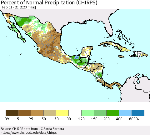 Mexico Central America and the Caribbean Percent of Normal Precipitation (CHIRPS) Thematic Map For 2/11/2023 - 2/20/2023
