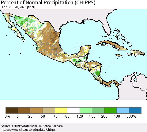Mexico Central America and the Caribbean Percent of Normal Precipitation (CHIRPS) Thematic Map For 2/21/2023 - 2/28/2023
