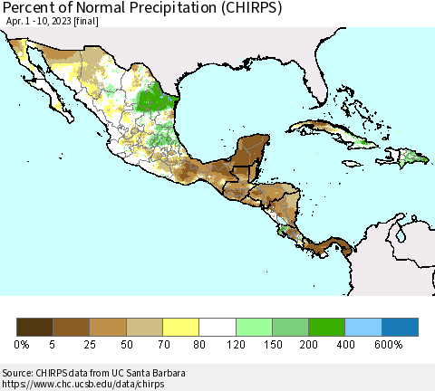 Mexico Central America and the Caribbean Percent of Normal Precipitation (CHIRPS) Thematic Map For 4/1/2023 - 4/10/2023