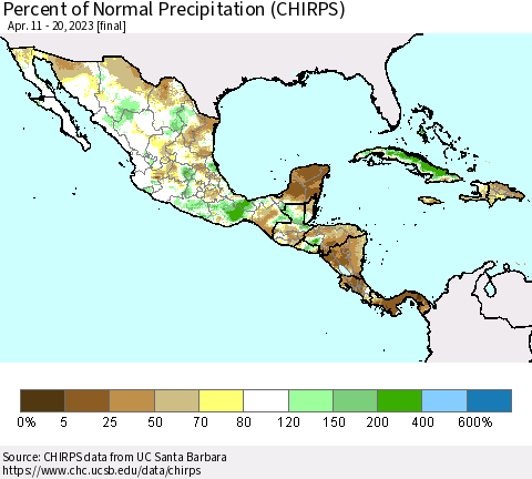 Mexico Central America and the Caribbean Percent of Normal Precipitation (CHIRPS) Thematic Map For 4/11/2023 - 4/20/2023