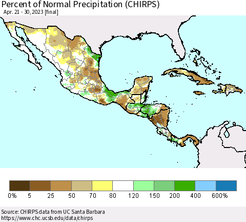 Mexico Central America and the Caribbean Percent of Normal Precipitation (CHIRPS) Thematic Map For 4/21/2023 - 4/30/2023