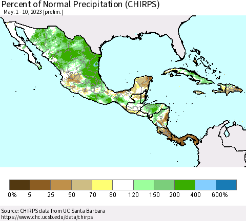 Mexico Central America and the Caribbean Percent of Normal Precipitation (CHIRPS) Thematic Map For 5/1/2023 - 5/10/2023