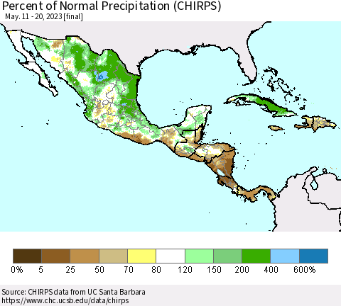 Mexico Central America and the Caribbean Percent of Normal Precipitation (CHIRPS) Thematic Map For 5/11/2023 - 5/20/2023